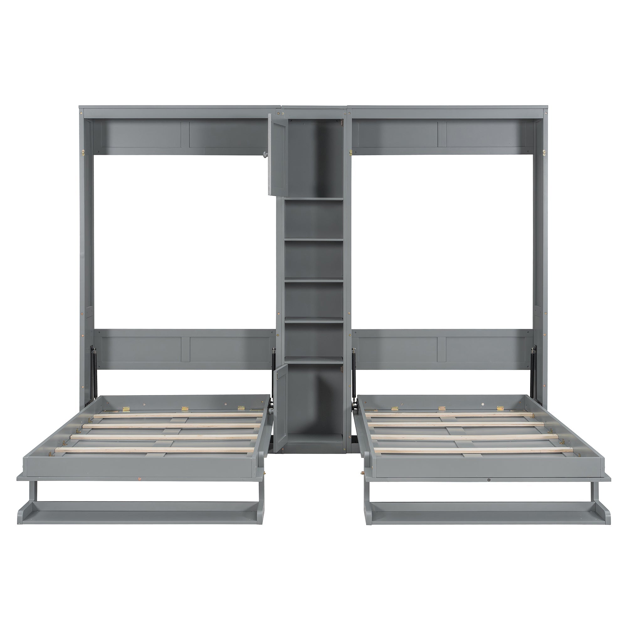 Dual Twin size Wall Murphy Beds with Cabinets and Shelves, Gray