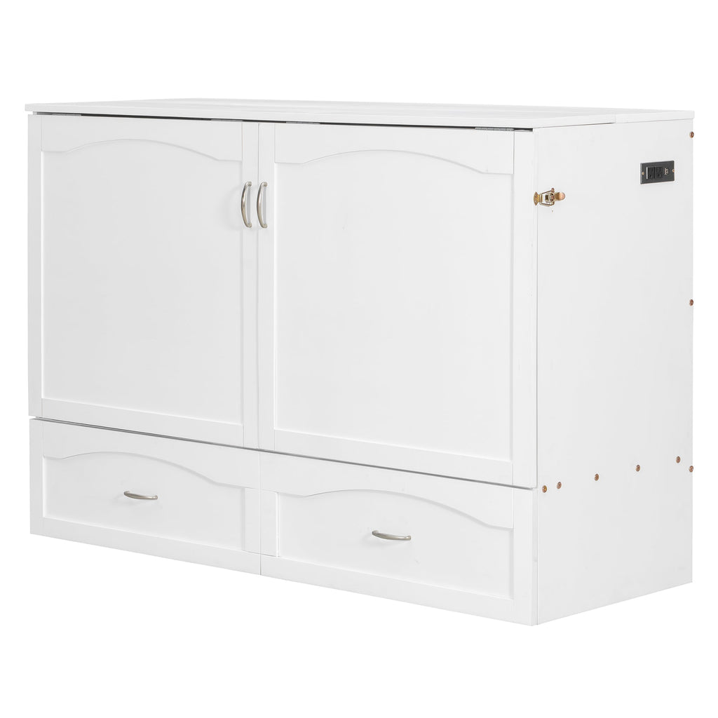 Queen Size Murphy Bed Wall Bed with drawer and a set of Sockets & USB Ports, Pulley Structure Design, White(OLD SKU: LP100671AAK)