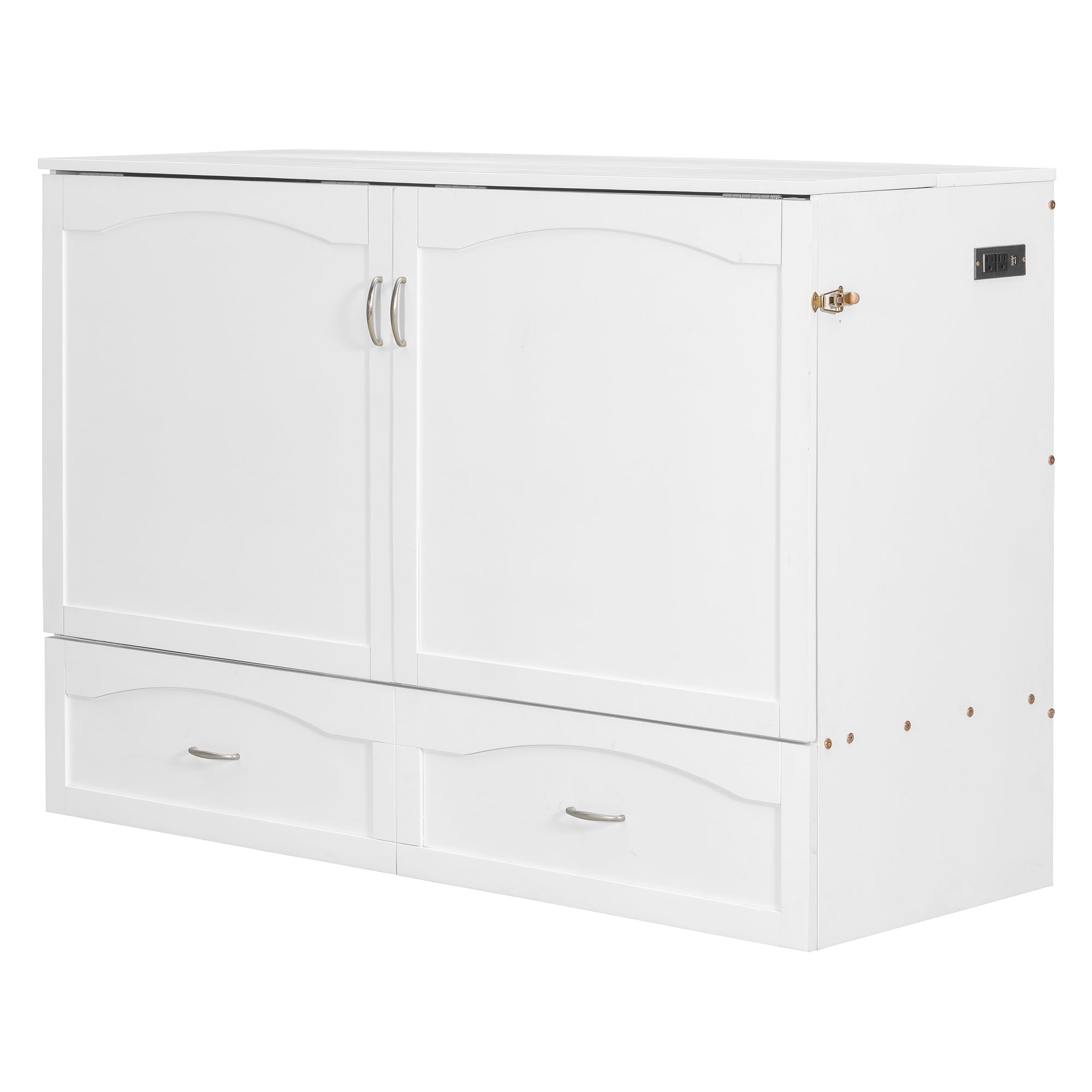 Queen Size Murphy Bed Wall Bed with drawer and a set of Sockets & USB Ports, Pulley Structure Design, White(OLD SKU: LP100671AAK)