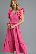 Umgee V-Neck Ruffled Cap Sleeve Midi Dress