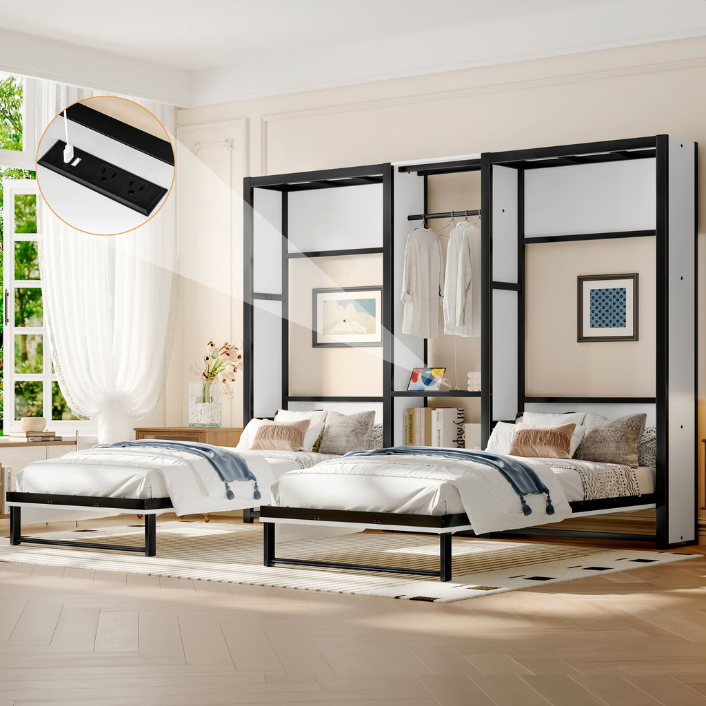 Twin and Twin Murphy Bed, Metal Foldable Murphy Bed with Wardrobe, Shelves and Power Outlets, 2 in 1 Design, Space-saving, White
