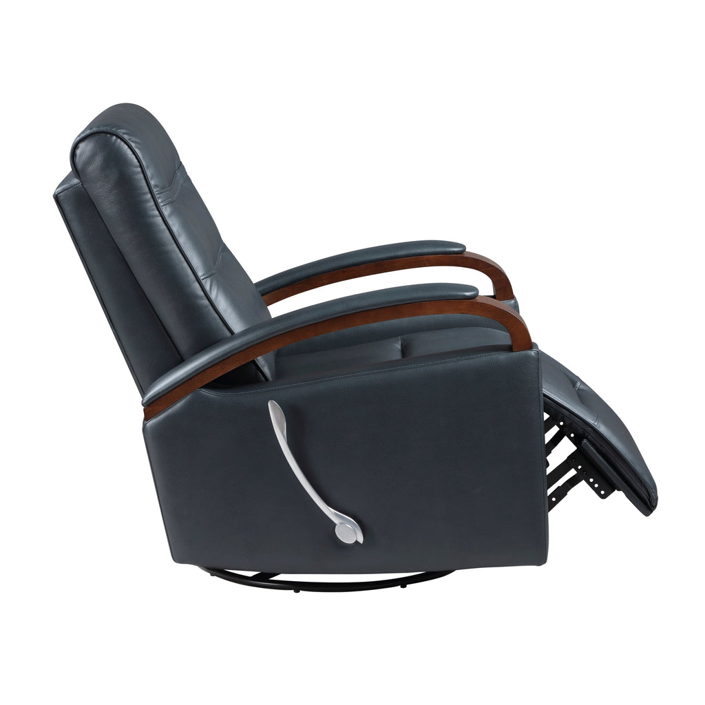 1pc Swivel Gliding Recliner Faux Leather Upholstered Solid Rubberwood Arms Luxurious Living Room Furniture, Navy