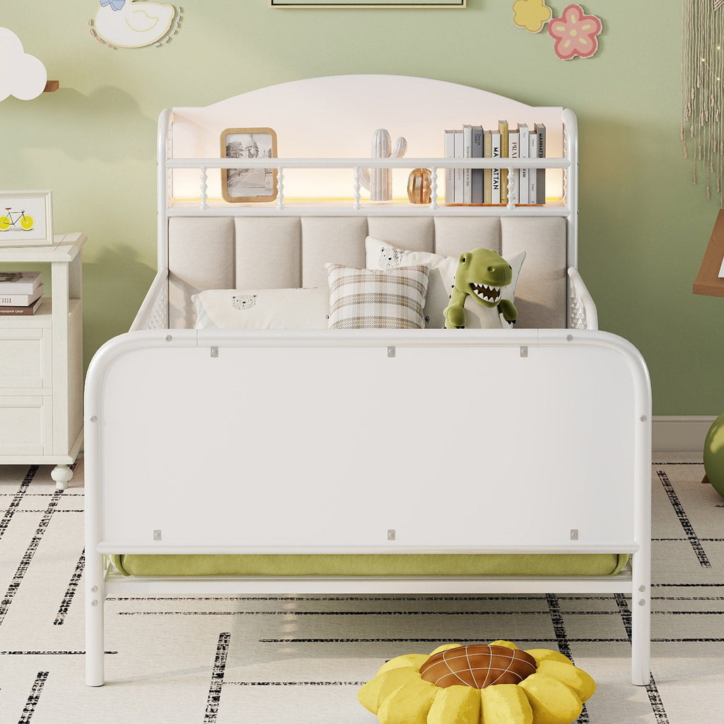 Twin Size Metal Platform Bed Frame with Light, Kids Twin Metal Bed with Upholstered and Storage Headboard, White (Expect Arrival Date 2025/10/5)