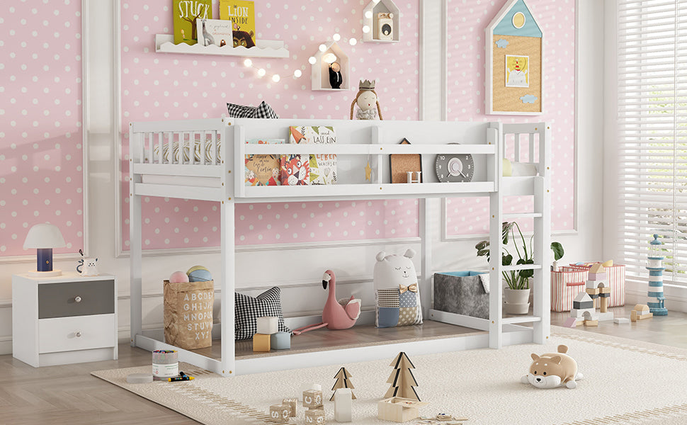 Low Twin Over Twin Bunk Bed, Floor Bunk Bed with Ladder, Solid Wood Twin Bunk Bed for Kids & Juniors, White(Expect Arrival Date 2025/11/25)