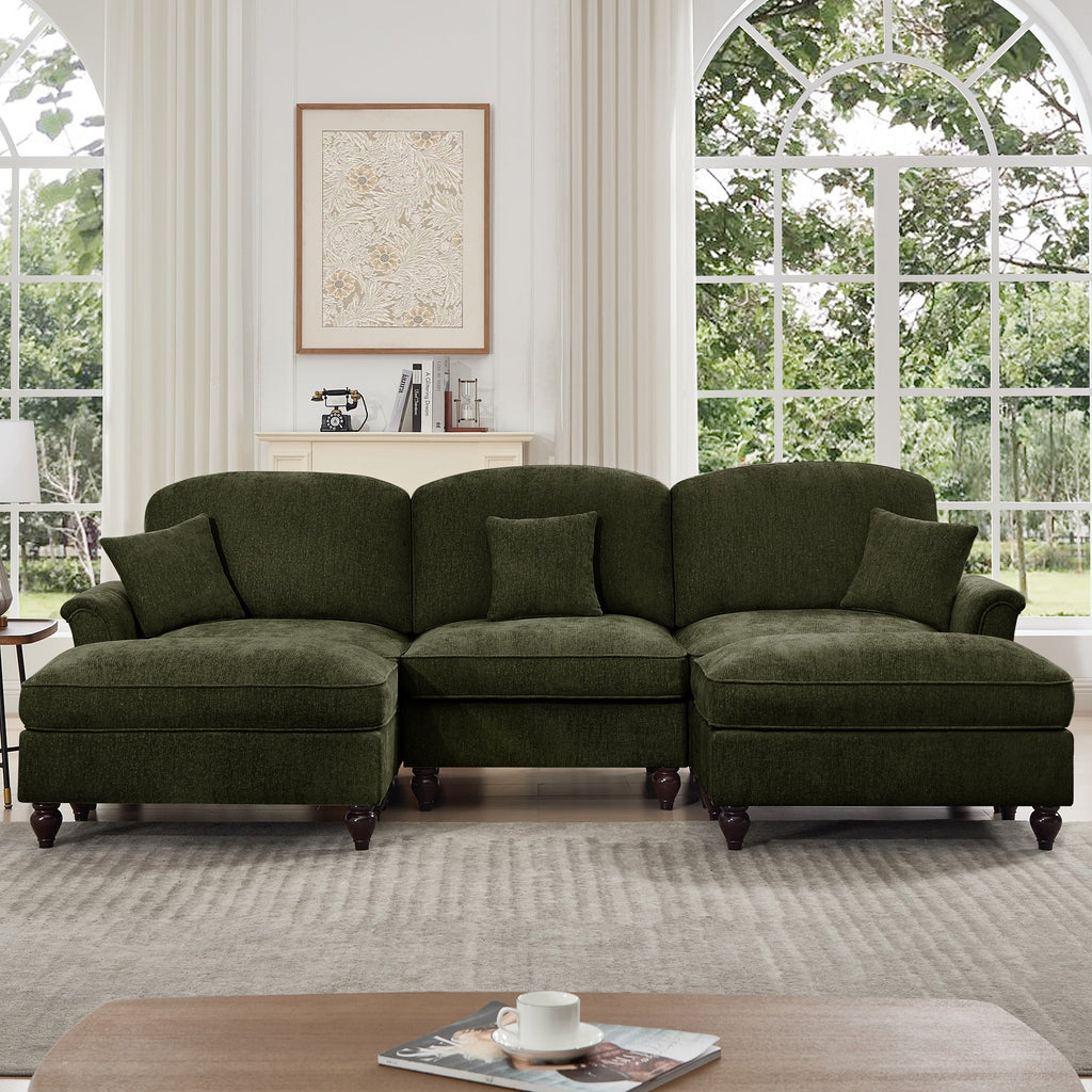 Classic Comfy Modular U Shape Sectional Sofa Couch with Flared Arms and Removable Ruffles Pleats Skirts and Spindle Legs, Upholstered Chenille Deep Seat Cloud Sofa with Movable Ottomans,Green