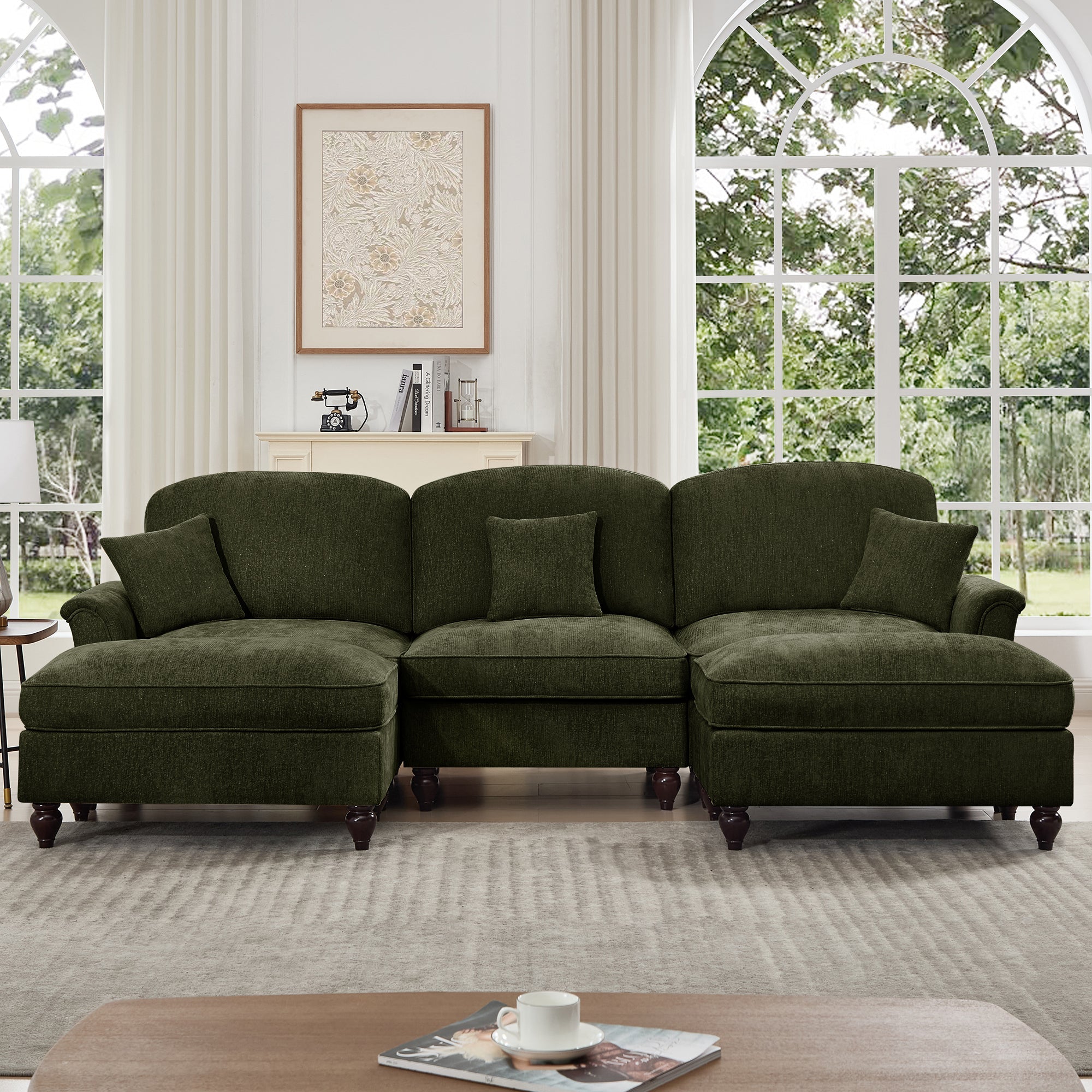 Classic Comfy Modular U Shape Sectional Sofa Couch with Flared Arms and Removable Ruffles Pleats Skirts and Spindle Legs, Upholstered Chenille Deep Seat Cloud Sofa with Movable Ottomans,Green