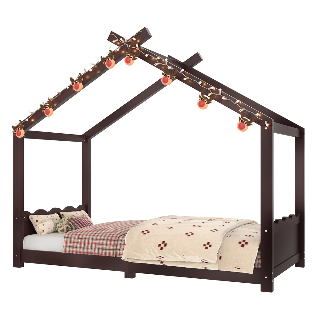 Twin House Floor Bed with Support Slats, Solid Wood House Bed Frame for Kids, No Box Spring Needed and Opening Constructure, Espresso