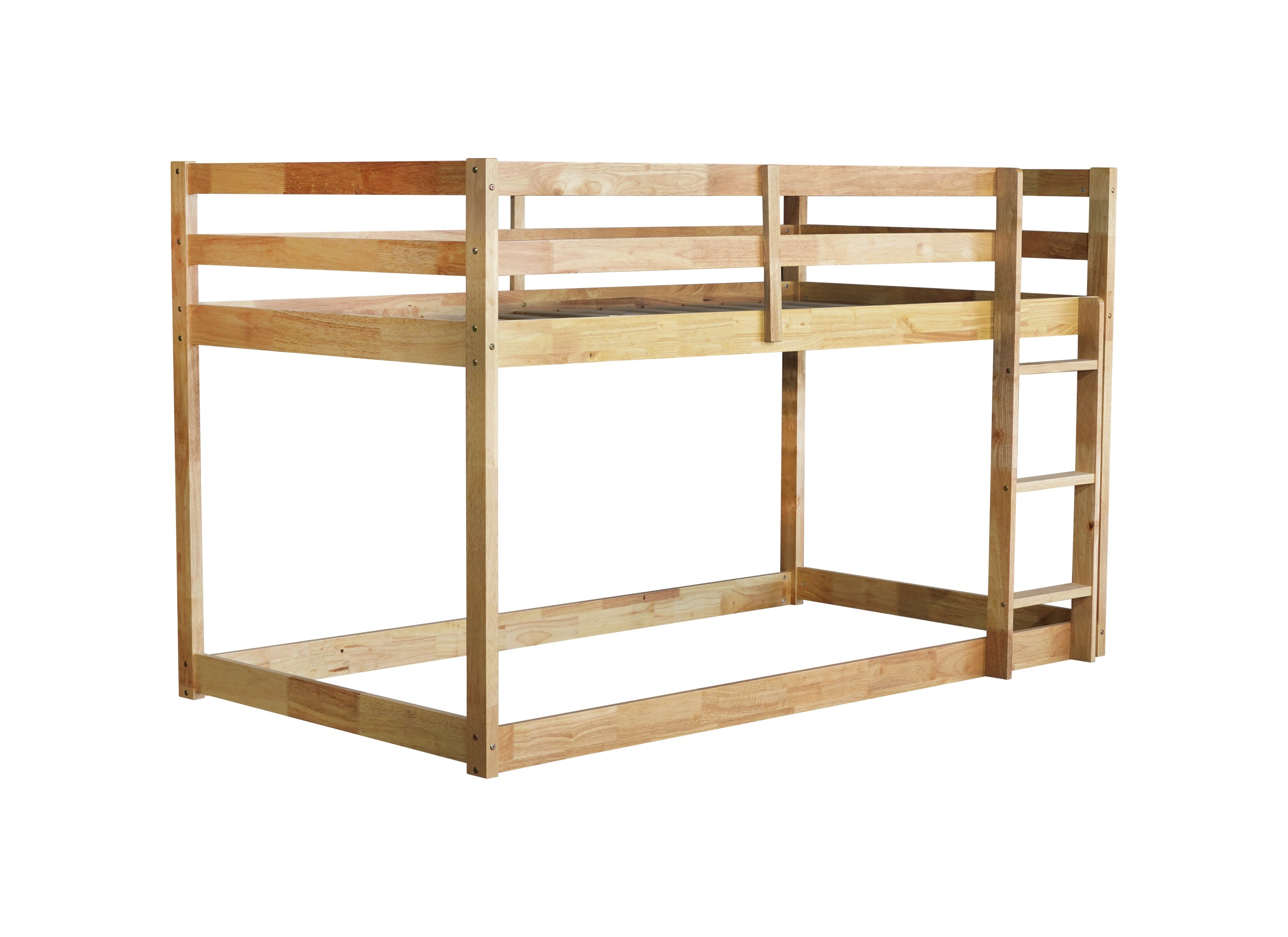 Solid Wooden, Solid Rubber Wooden Twin over Twin Floor Bunk Bed with Ladder, with Bed Platform of Strengthened Slats  , Natural