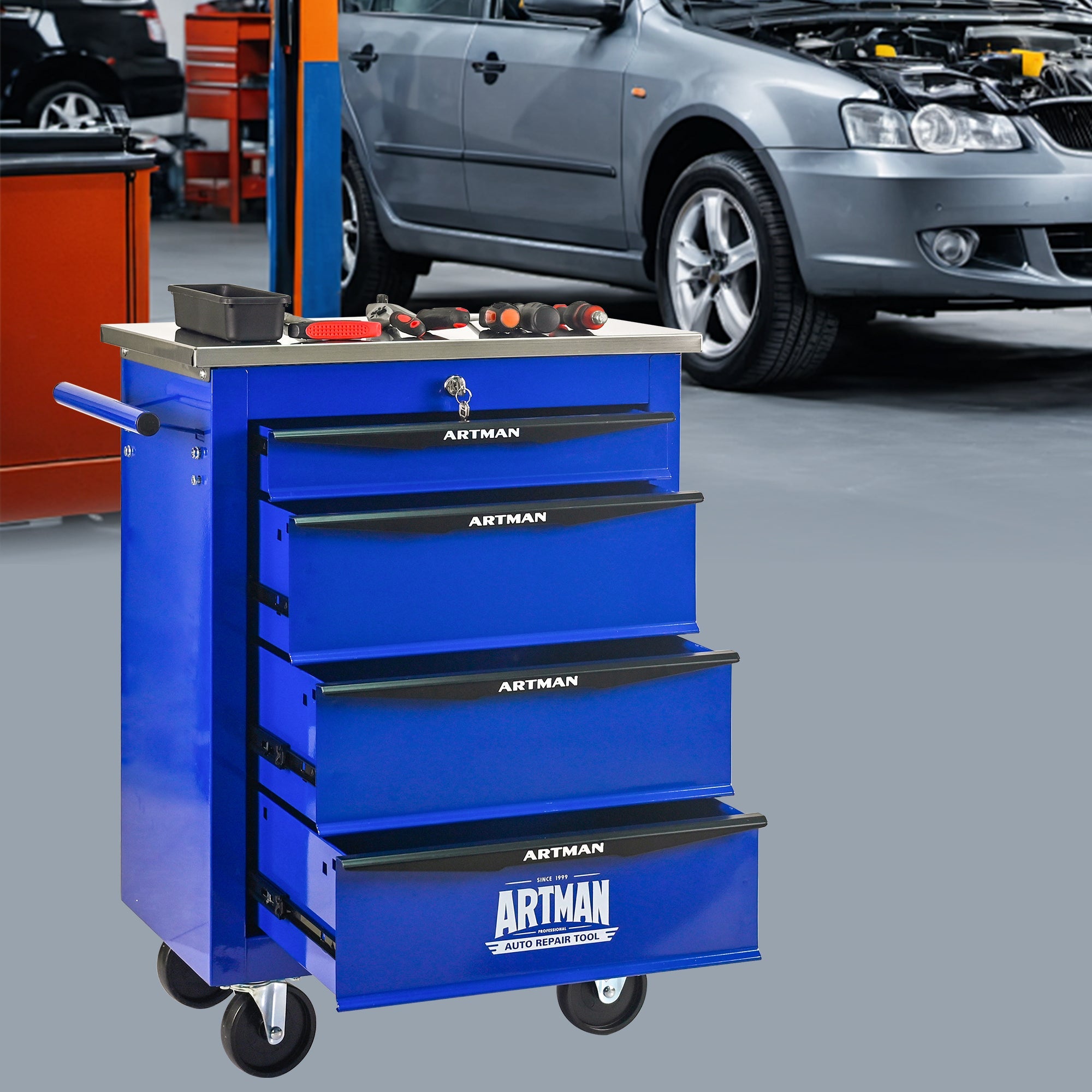 4 Drawers Multifunctional Tool Cart with Wheels,Metal Rolling Tool Cart Storage for Garage Workshop Warehouse Repair Shop--With  Stainless Steel Roof- BLACK&BLUE