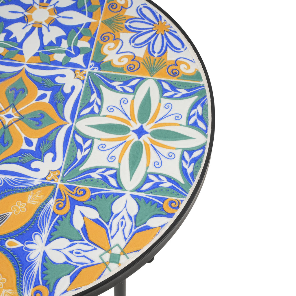 Vibrant French Country Patio Side Table with Colorful Ceramic Tile and Black Iron Frame