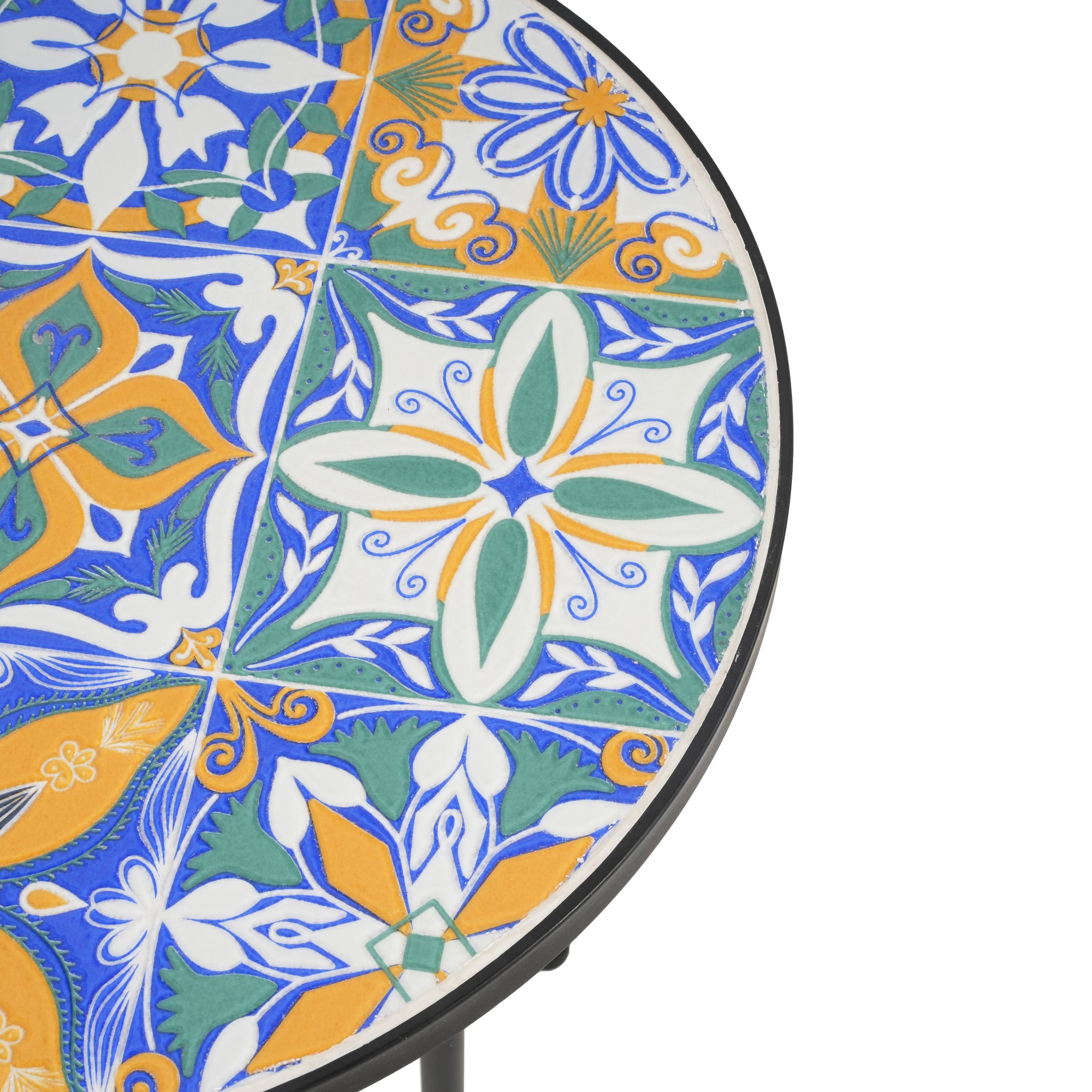 Vibrant French Country Patio Side Table with Colorful Ceramic Tile and Black Iron Frame