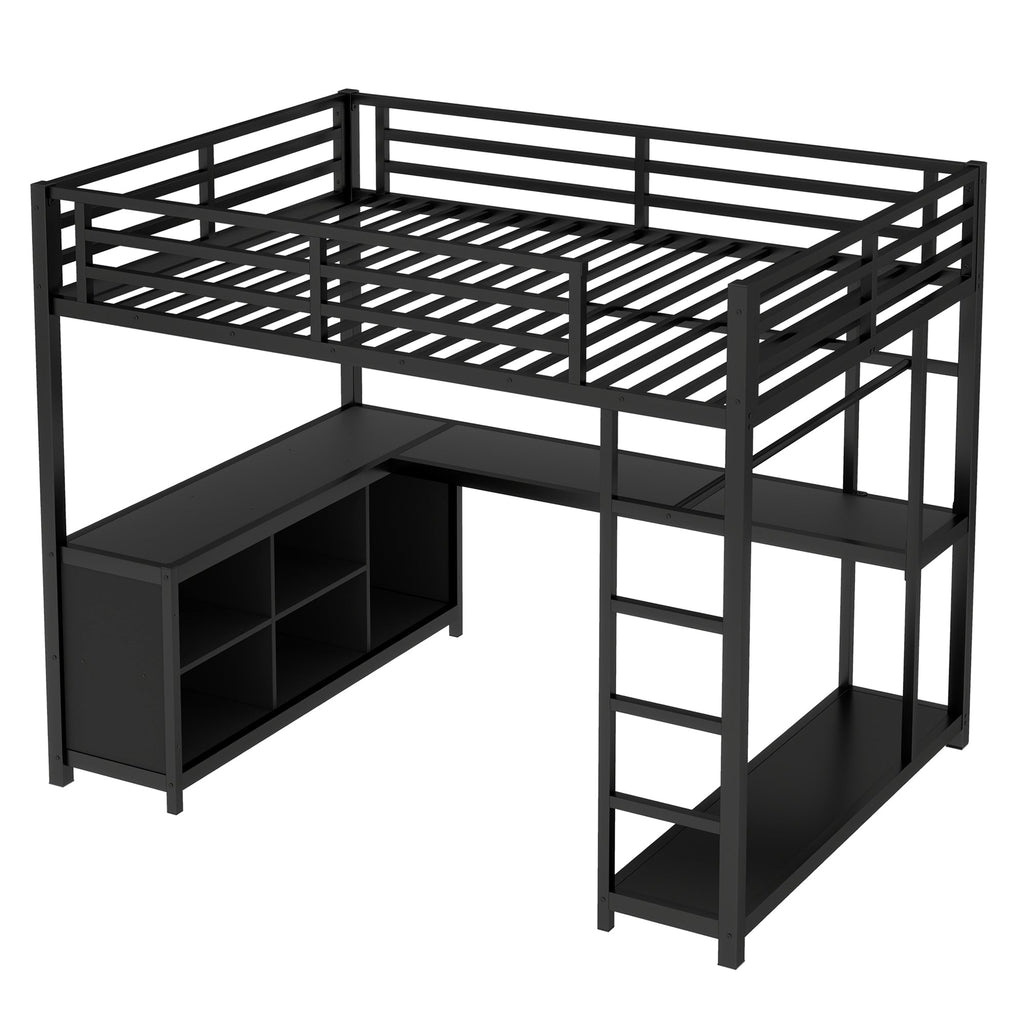 Metal Loft Bed with Wardrobe and L-shaped Desk, Full Size Loft Bed with Storage Cubes and Shelves, Loft Bed for Kids Teens Adults, Black