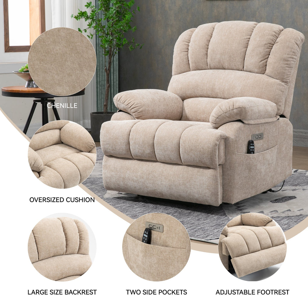 23' Seat Width and High Back Large Size Beige Chenille Power Lift Recliner Chair with 8-Point Vibration Massage and Lumbar Heating
