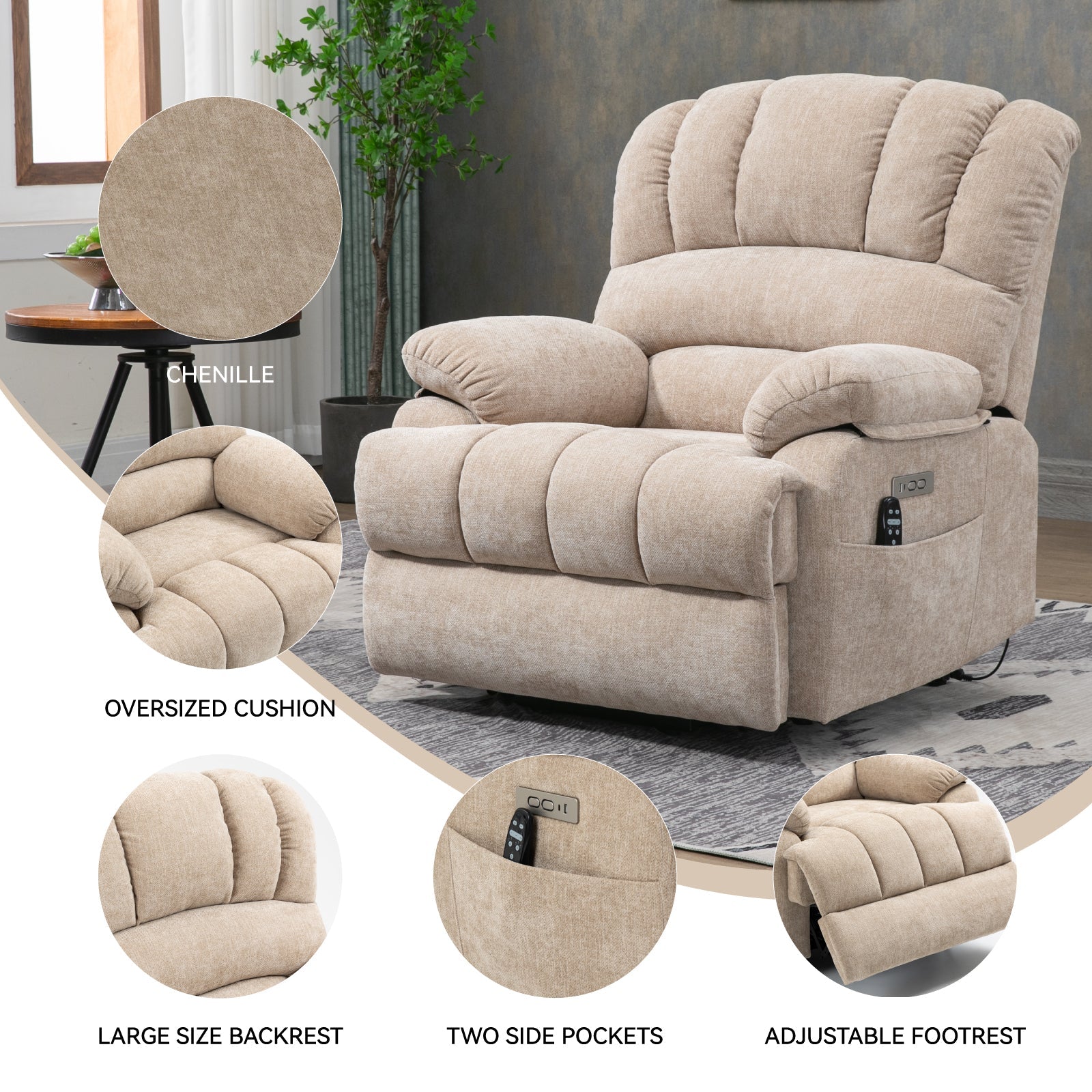 23' Seat Width and High Back Large Size Beige Chenille Power Lift Recliner Chair with 8-Point Vibration Massage and Lumbar Heating