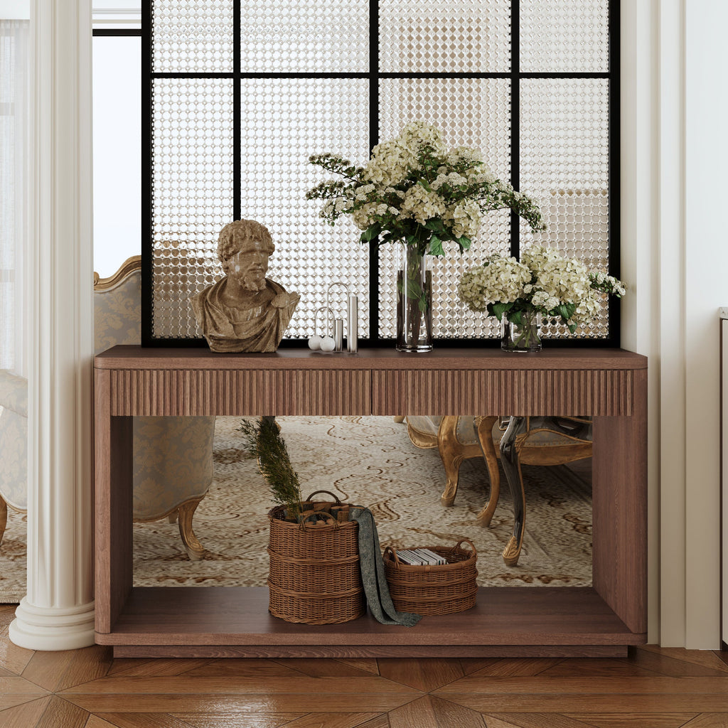 60' Modern 2-Drawer Fluted Console Table Natural Wood Veneer Sofa Table Behind Couch Table for Living Room, Hallway, Entryway, Home Office, Walnut