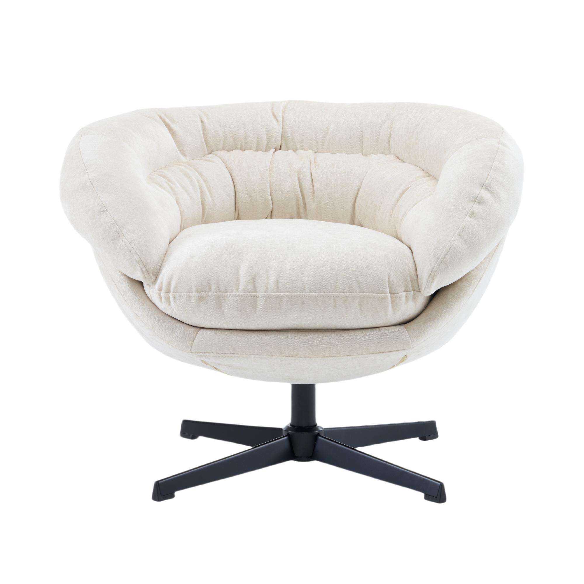 Modern Chenille Office Chair, 360° Swivel Club Chair/Accent Chair with Removable Cushion, Round Office Chair, Black Metal Base, Cotton Material, Living Room, Bedroom, Reading Corner, Office (Beige)