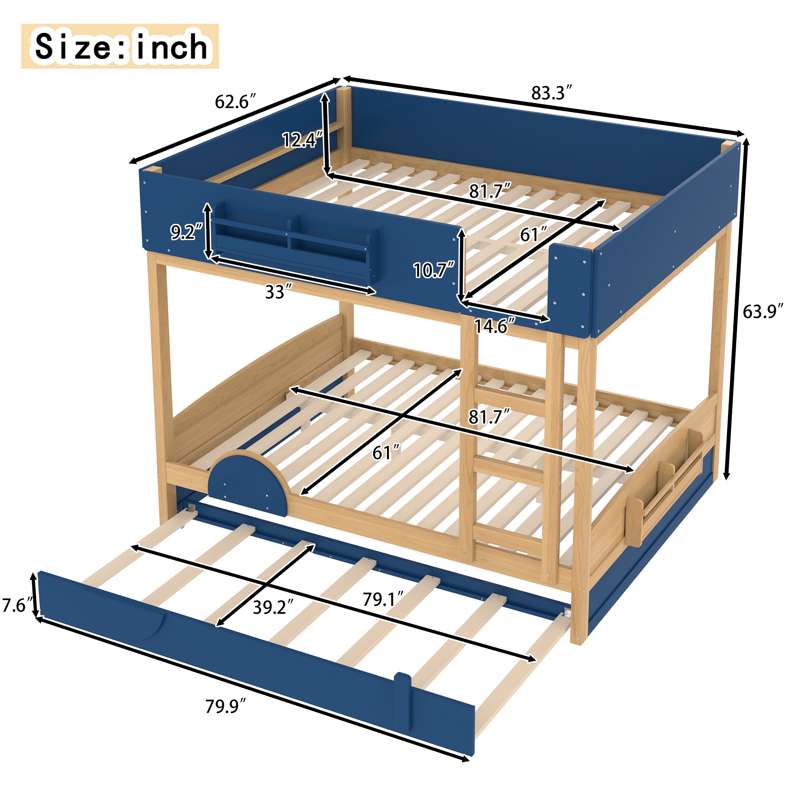 Queen Bunk Bed with Trundle , Wood Bunk Bed Frame with Built-in Bookshelf and High-quality Safety Guardrail,Automobile Form Design for Kids ,Blue＆Natural