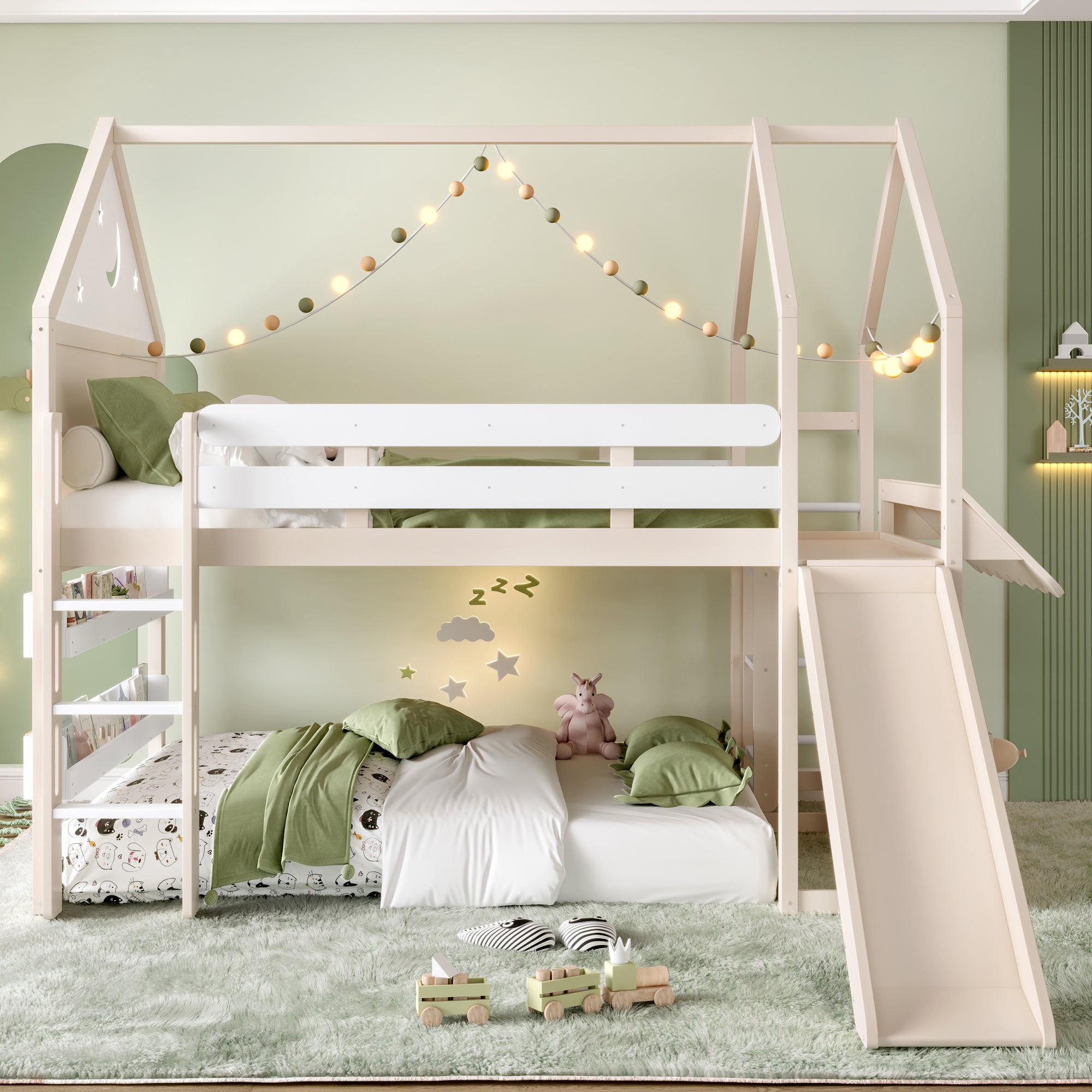 Full Size Loft Bed with Bookshelf Playful Design for Kids House-Shaped Structure with Slide High-Quality Safety Rails,Beige