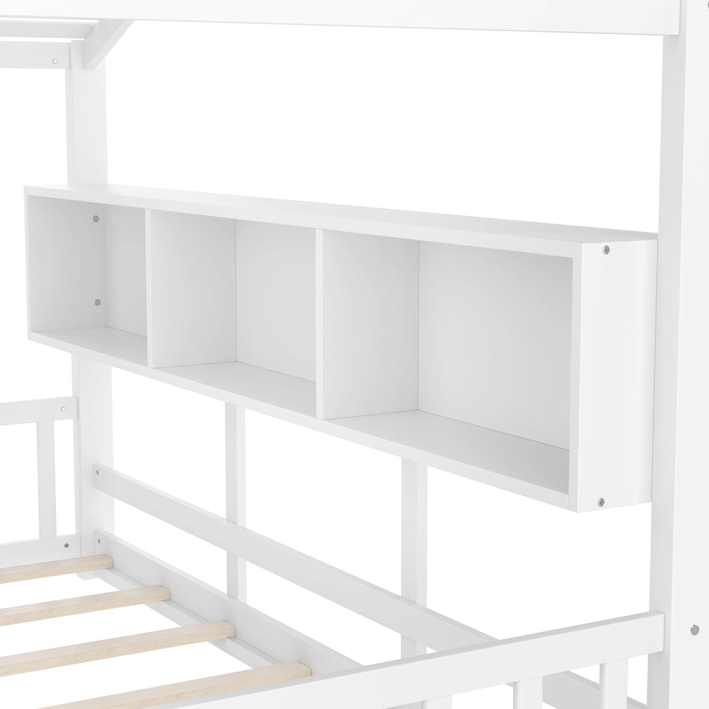 Twin Size Floor House Bed for Toddler, Kids Montessori Bed  with Storage Shelf, Playhouse Bed with Roof Design, White
