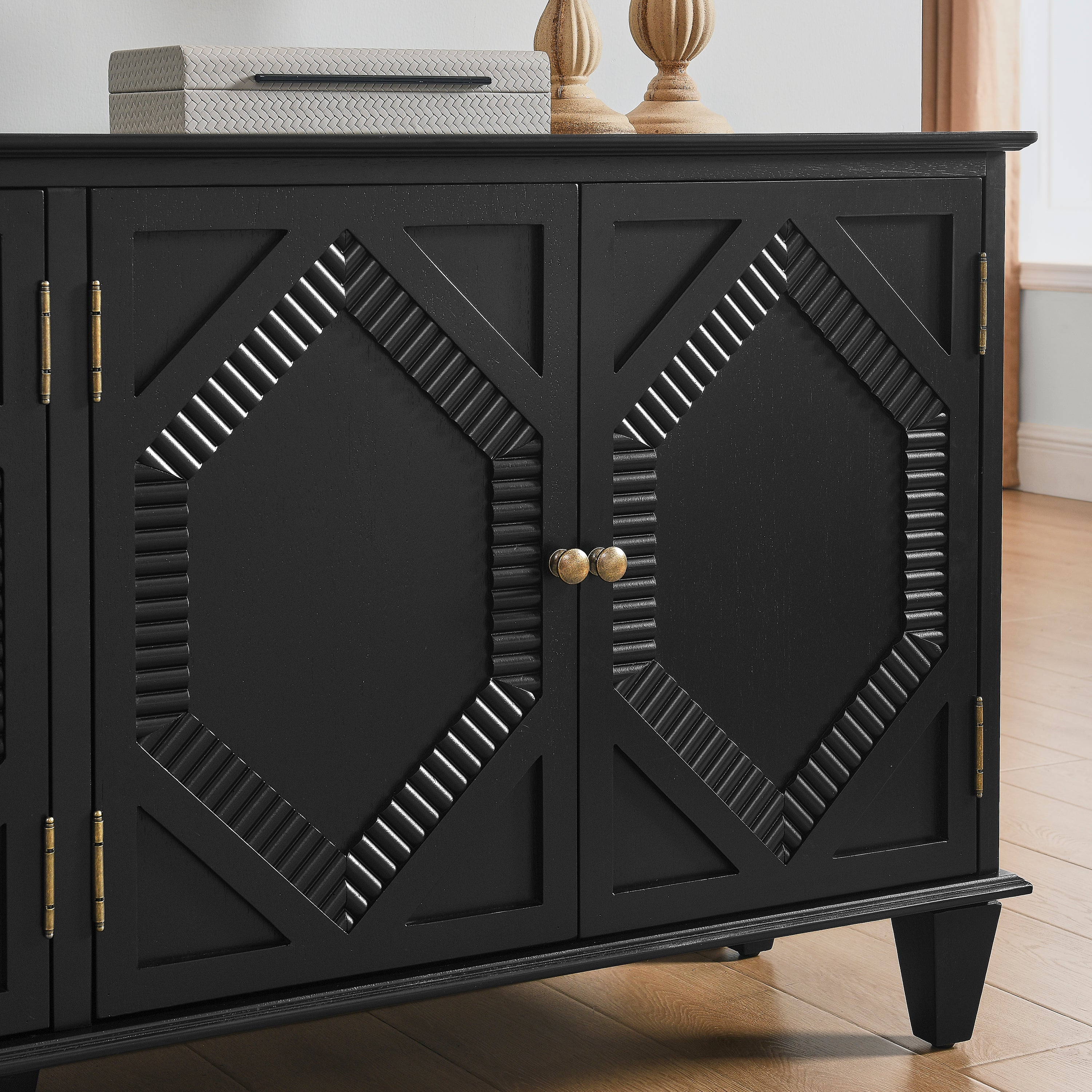 65.2' Mid Century Modern Sideboard Buffet Cabinet with Storage, Symmetrical Geometric Accent Coffee Bar Wine Bar Storage Cabinet, Large Console Table for Living Room/Entryway/Kitchen, Black