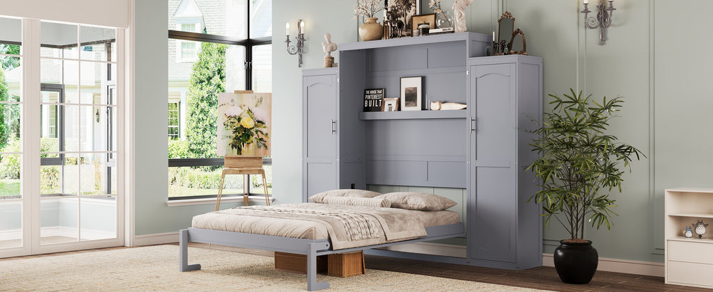 Queen Size Murphy Bed, Wooden Queen Wall Bed with 2 Wardrobe and Storage Shelf, Multifunctional Foldable Platform Bedframe for Guest-Room, Bedroom, Gray