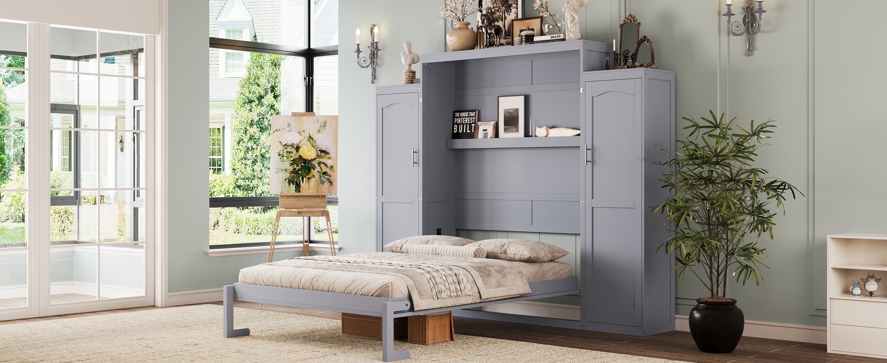 Queen Size Murphy Bed, Wooden Queen Wall Bed with 2 Wardrobe and Storage Shelf, Multifunctional Foldable Platform Bedframe for Guest-Room, Bedroom, Gray