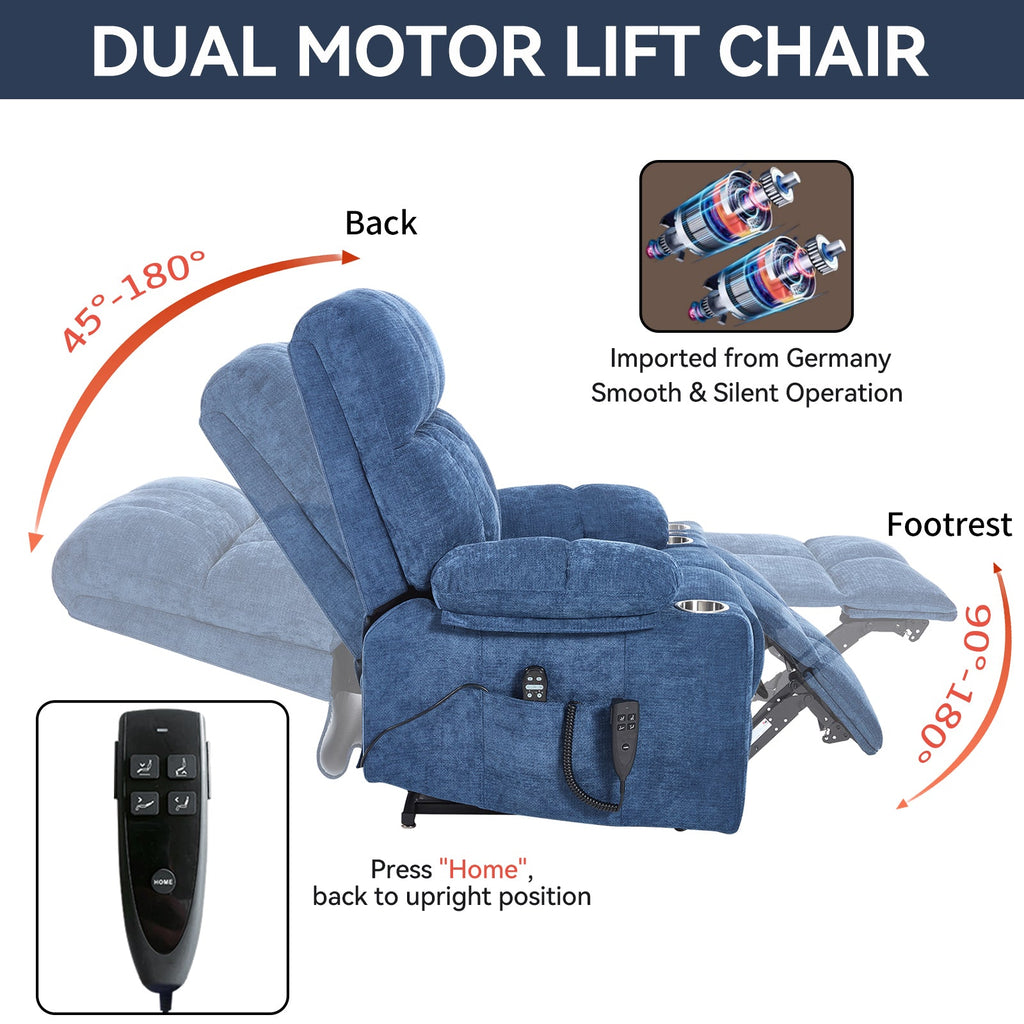 Blue Dual Motor Infinite Position Up to 350 LBS Chenille Power Lift Recliner Chair, Heavy Duty Motion Mechanism with 8-Point Vibration Massage and Lumbar Heating, Dual Cup Holders