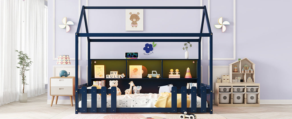 Twin Size House Bed with LED Light, Wood House Bed with Storage Bookshelf, Floor House Bed with Guardrails for Kids, Navy Blue (Expect Arrival Date 2025/3/14)
