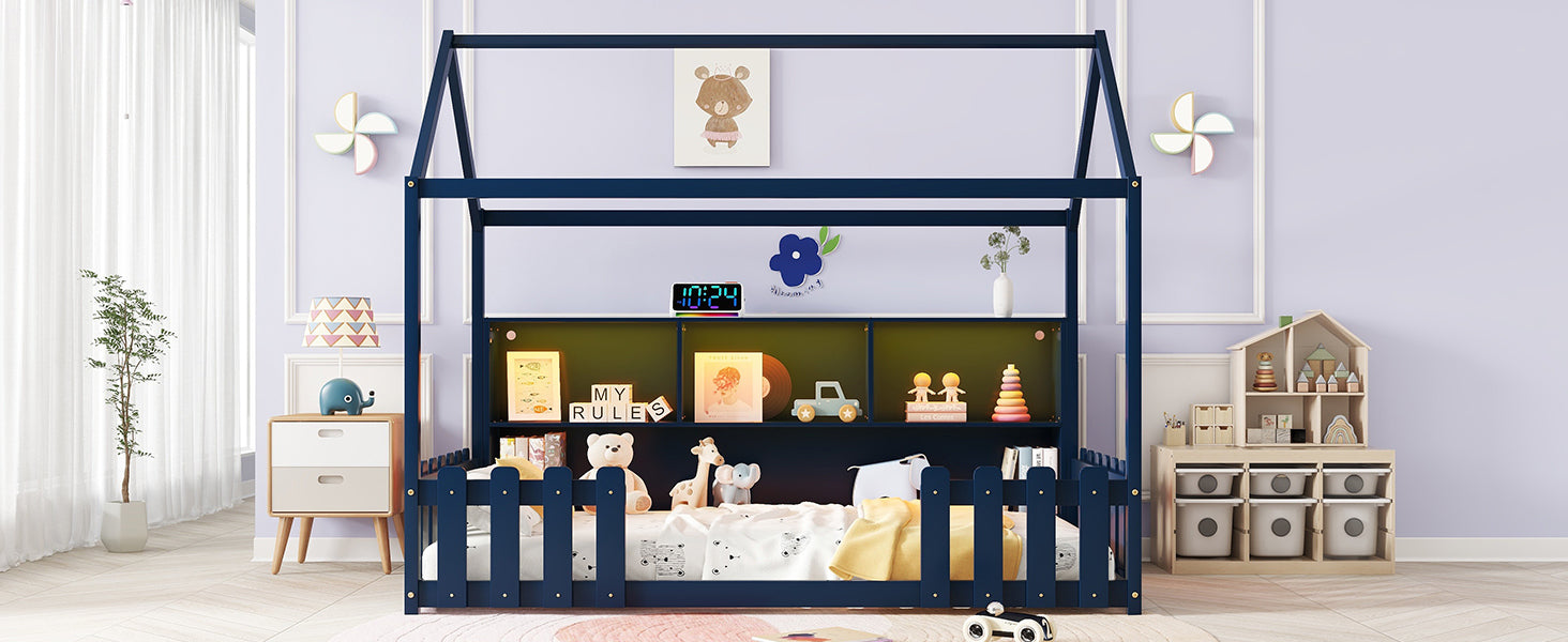 Twin Size House Bed with LED Light, Wood House Bed with Storage Bookshelf, Floor House Bed with Guardrails for Kids, Navy Blue (Expect Arrival Date 2025/3/14)