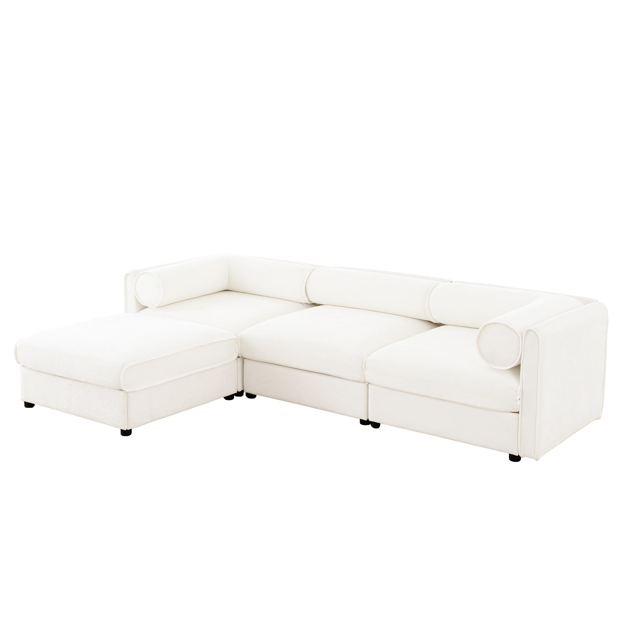 Elegant White Chenille  Sofa with Storage Seat and Ottoman, L-Shaped 3-Seater Cylindrical Backrest and Armrests, Contemporary 3-Seater Fabric Couch with Hidden Storage Compartment