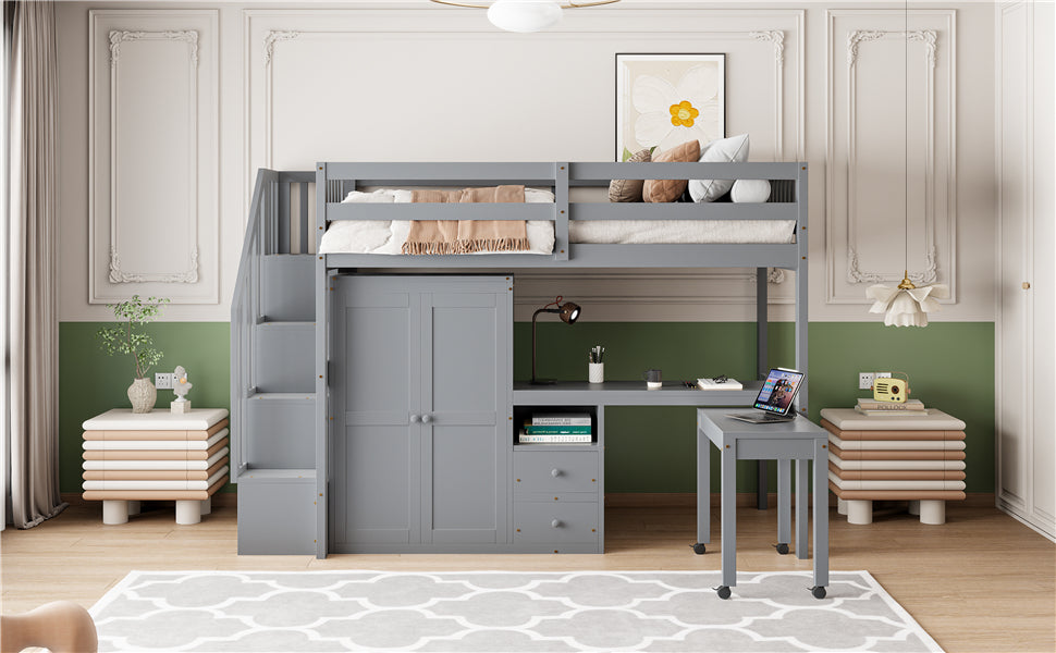 Twin Size Loft Bed with Stairs, Bookshelf, Drawers, Desk & Wardrobe – Space-Saving Multifunctional Furniture for Kids & Teens-Gray