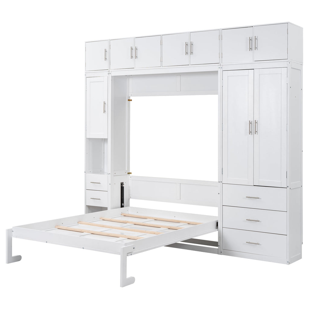 White Full Size Murphy Bed with Lockers and Wardrobes, MDF+Pine, 108.4''L x 15.7''W x 99''H
