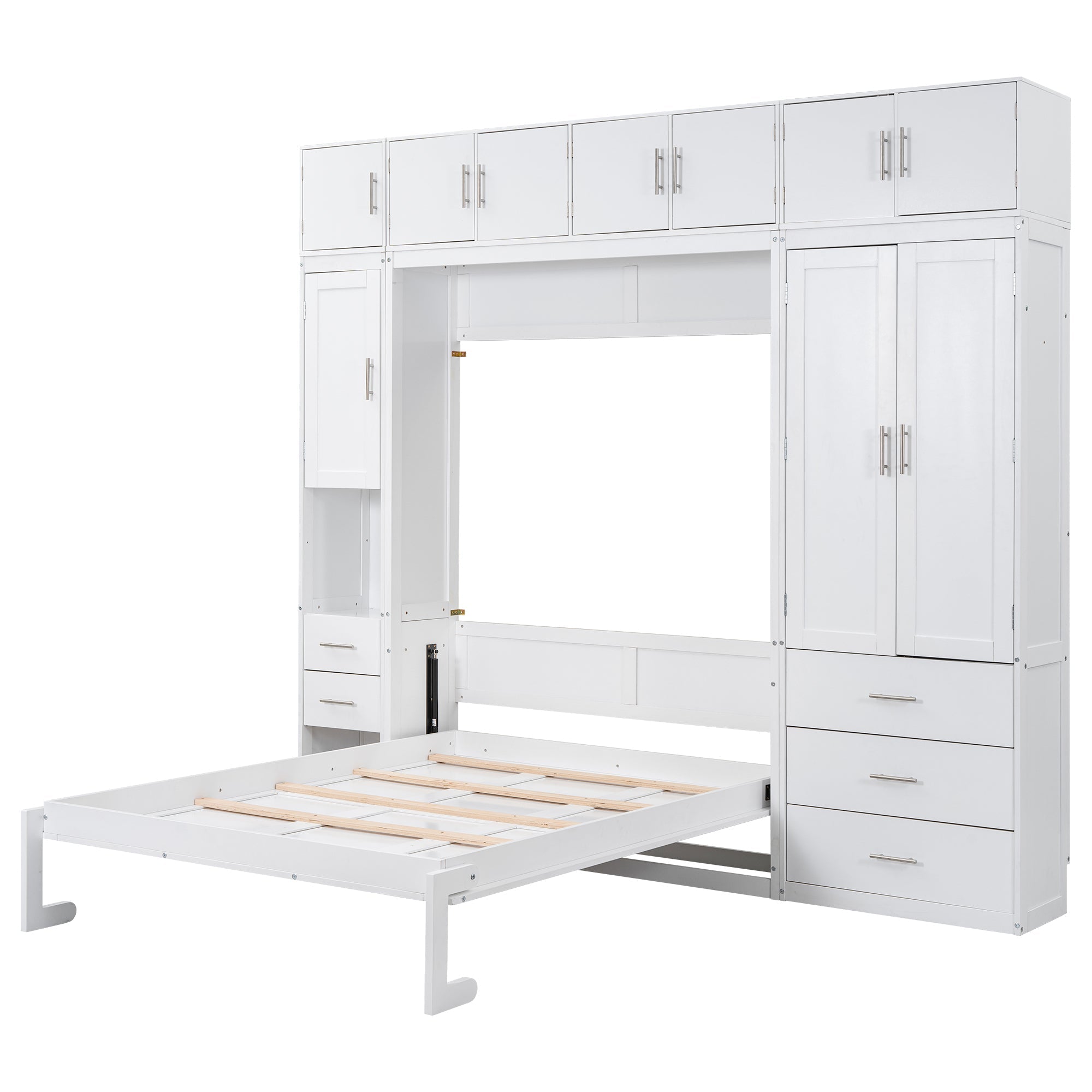 White Full Size Murphy Bed with Lockers and Wardrobes, MDF+Pine, 108.4''L x 15.7''W x 99''H