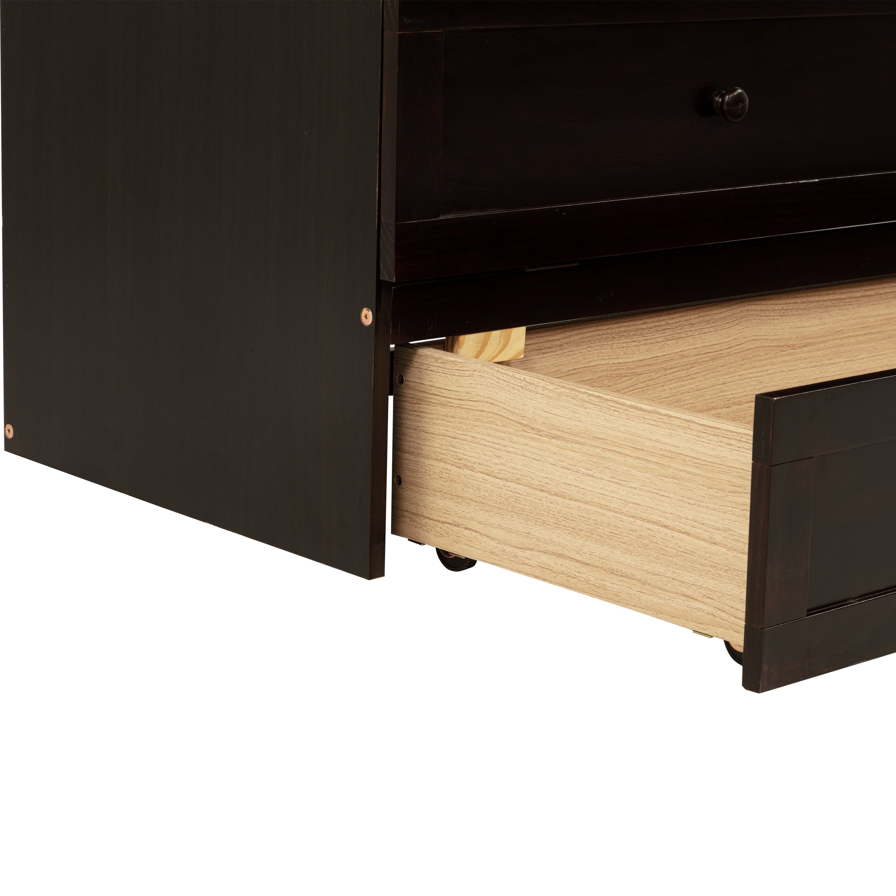 Queen Size Murphy Bed, Pine Wood Cabinet Bed with Rattan Decoration and Storage Drawer,Espresso