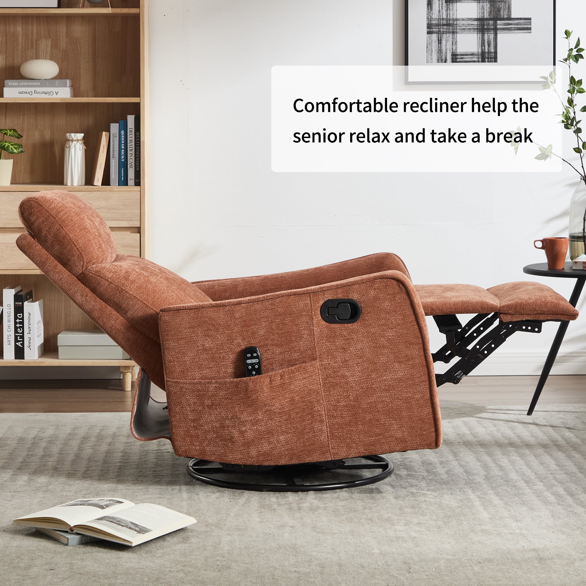 Orange Heat Massage Manual Recliner Chair with Rocker and Swivel in Fabric for Living Room