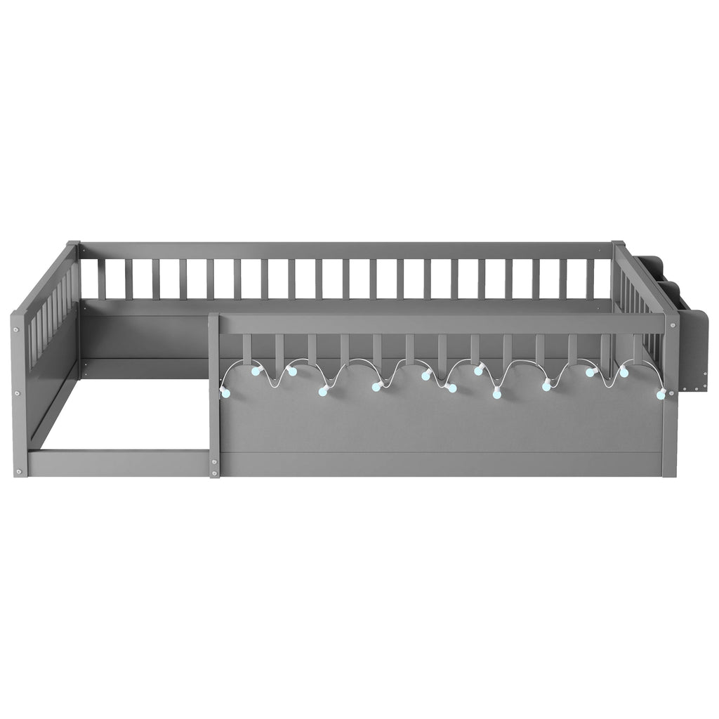 Twin Montessori Floor Bed Frame with High Rails, Wood Kids Floor Beds with Light and Storage Shelf, Gray (Expect Arrival Date 2025/8/15)