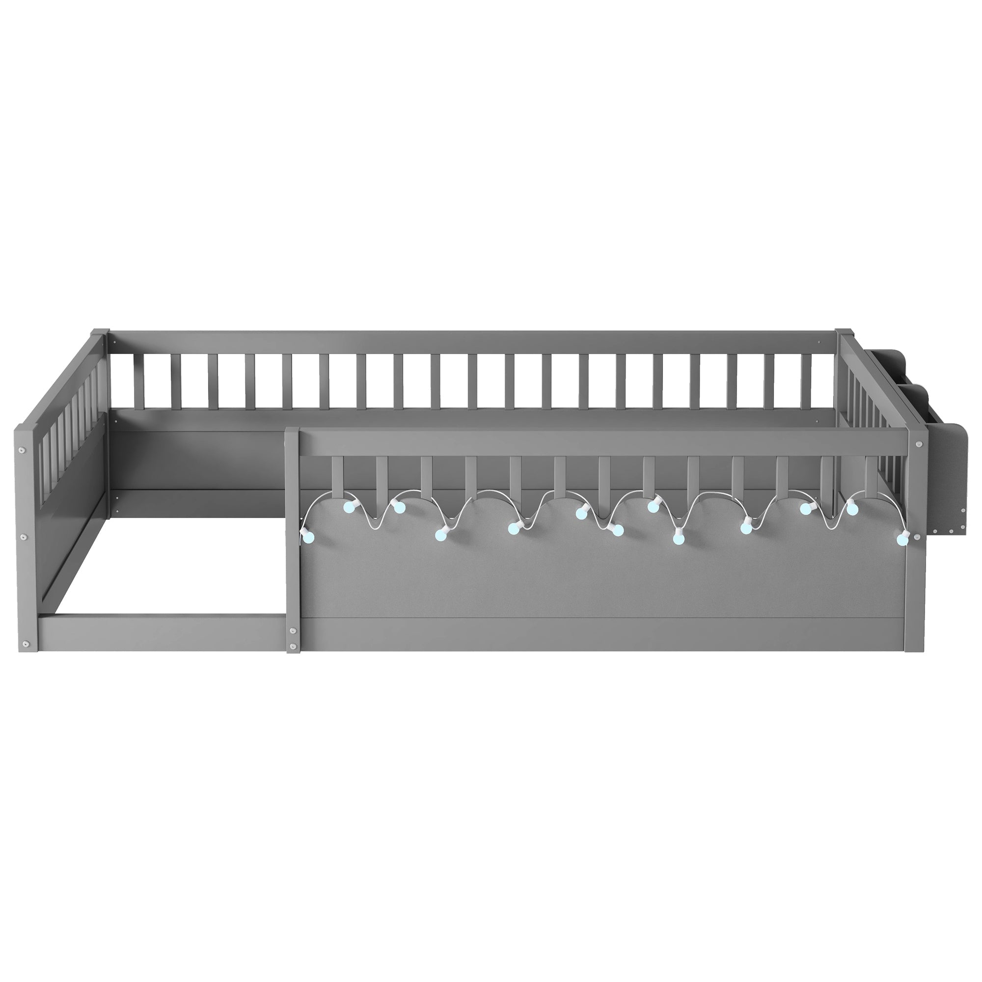 Twin Montessori Floor Bed Frame with High Rails, Wood Kids Floor Beds with Light and Storage Shelf, Gray (Expect Arrival Date 2025/8/15)