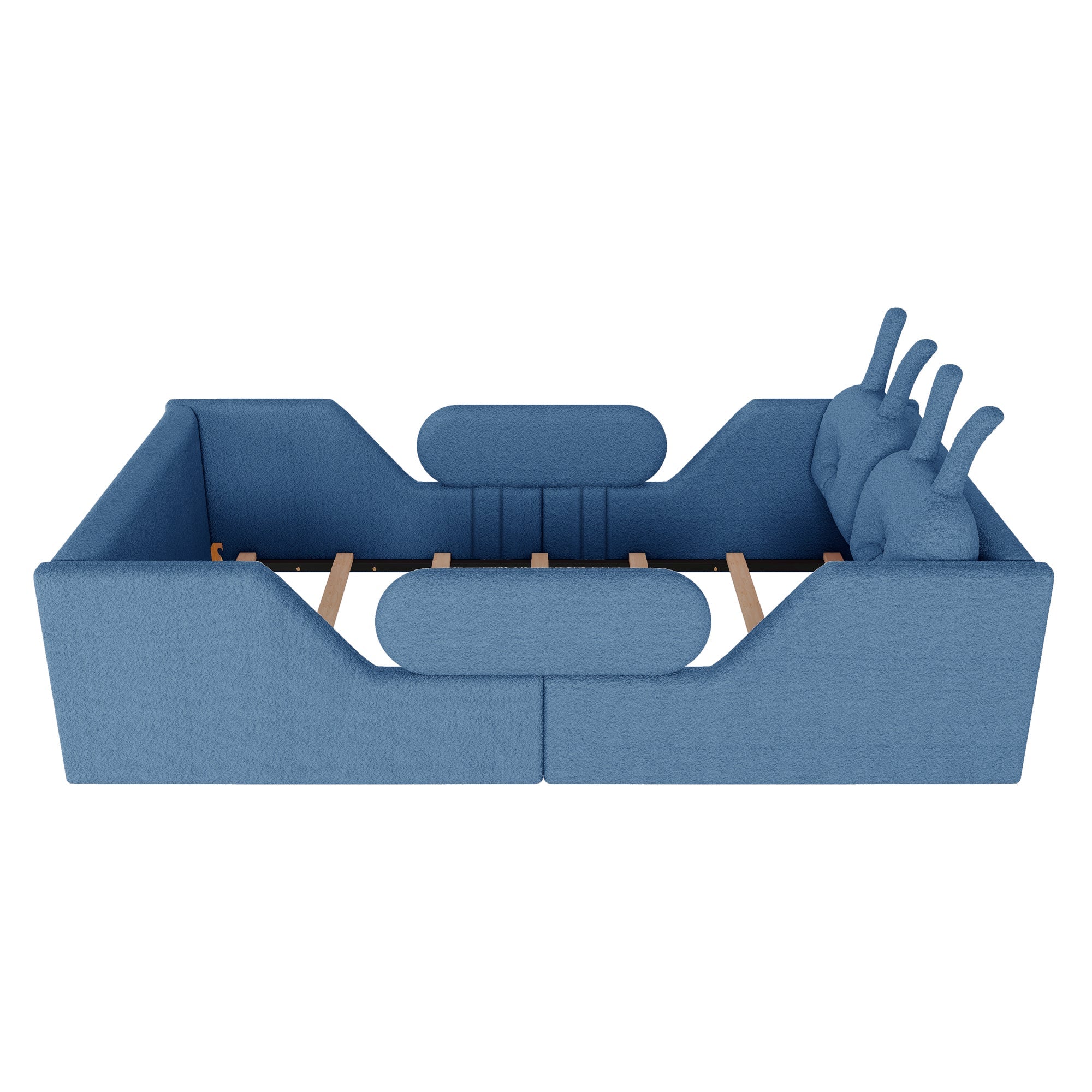 Twin Size Upholstered Platform Bed with Rabbit Cushion, Kids Floor Upholstered Bed with Removable Side Rails, Blue(Expect Arrival Date 2025/1/15)