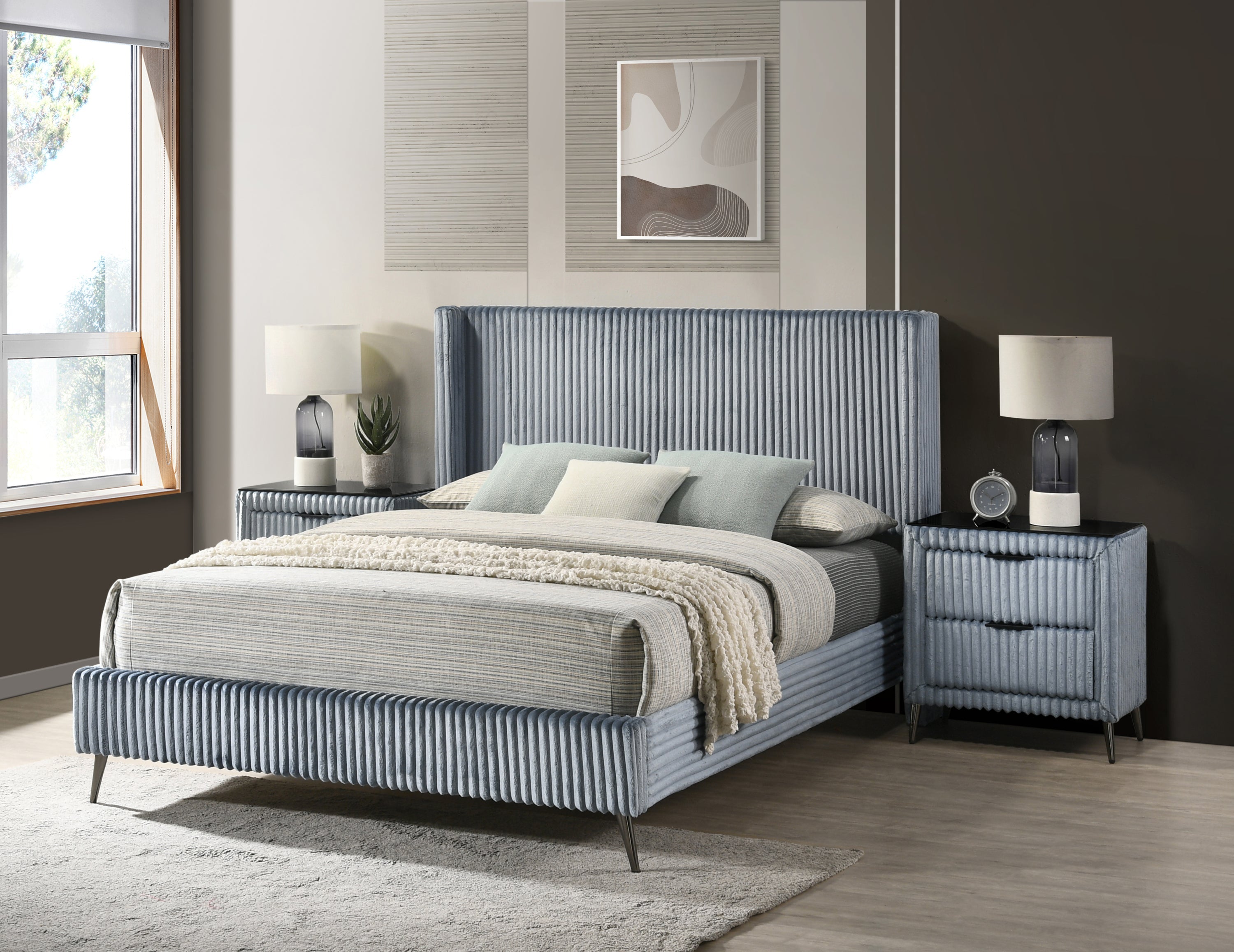 Mavela Wide Wale Corduroy Upholstery Panel Queen Bed with 2 Nightstands and Bench, Blue
