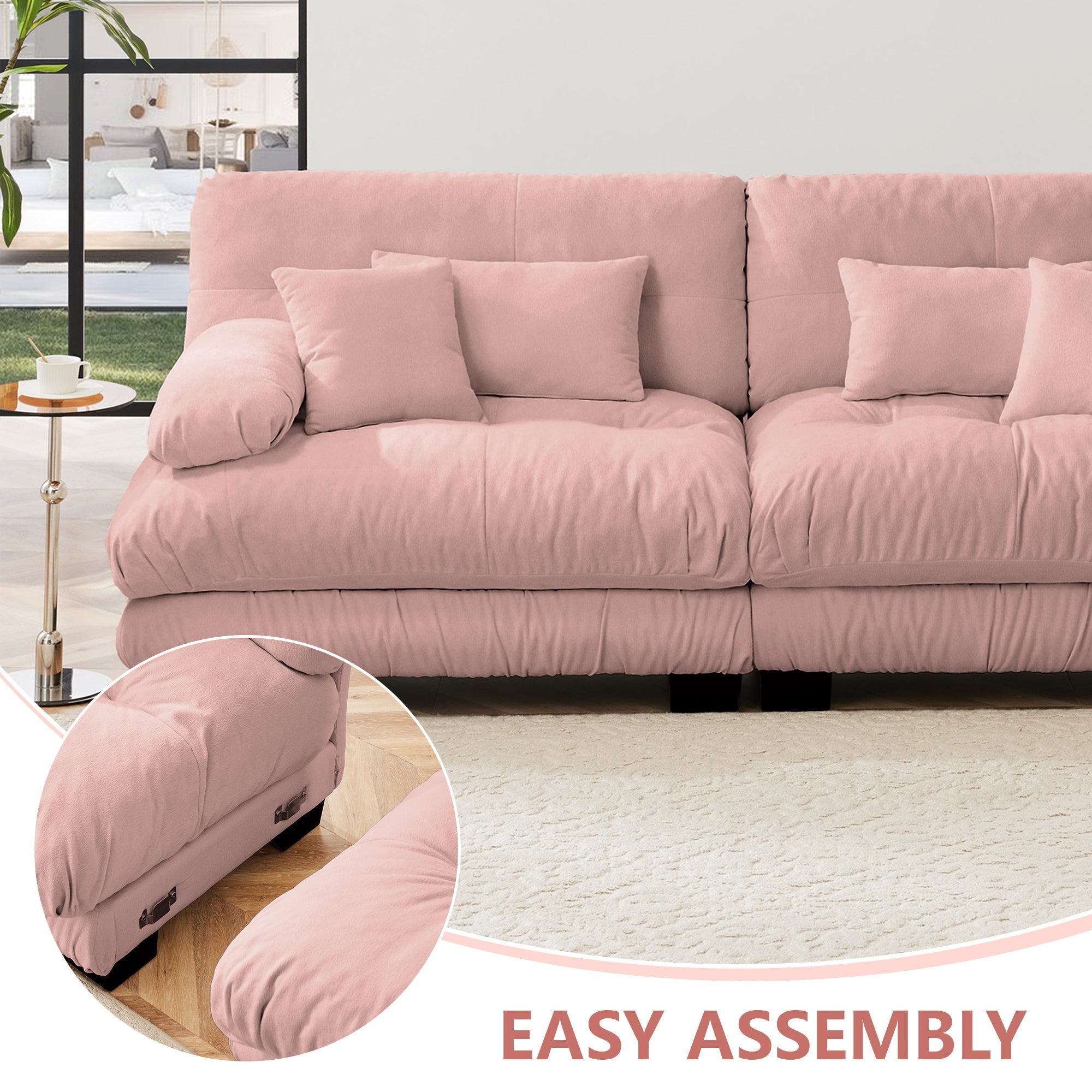 Free Combination Modular Sectional Sofa,U Shaped Couch for Living Room, 4-Seater Comfy Cloud Couch with 2 Ottomans, Chenille Pink