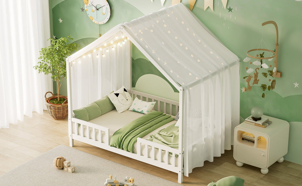 Montessori Floor Bed with Canopy, Full Bed Frame for Kids, House Shape Kids Bed Frame with High Railings, Wood Kids Bed with Roof, Kid Full Bed, White