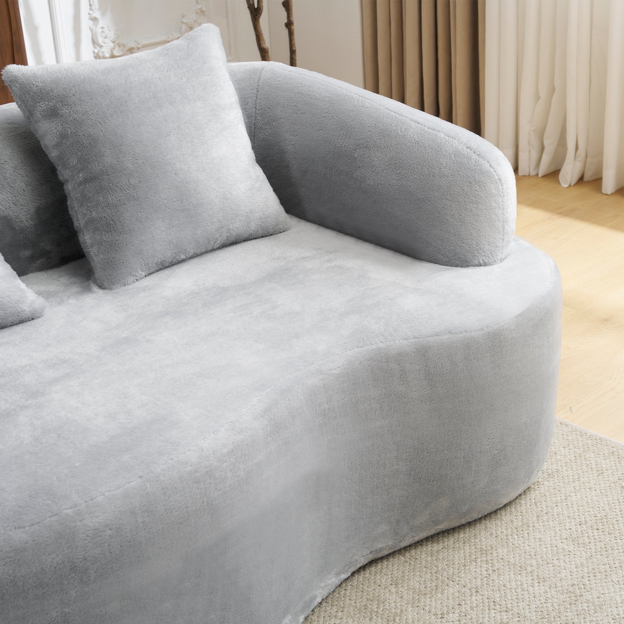 Full Compression L-Shape Sectional Sofa with Curved Chaise, Grey Modular Chenille Couch, High-Density for Apartment Living Room
