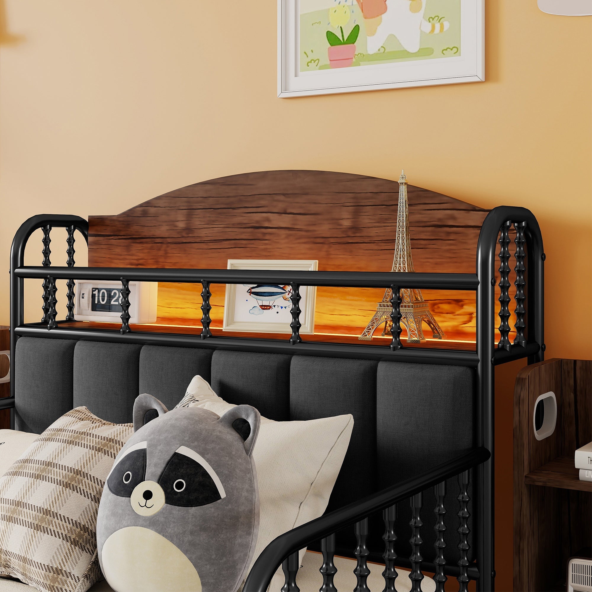 Twin Size Metal Platform Bed Frame with Light, Kids Twin Metal Bed with Upholstered and Pull Out Storage Shelves, Black (Expect Arrival Date 2025/10/5)