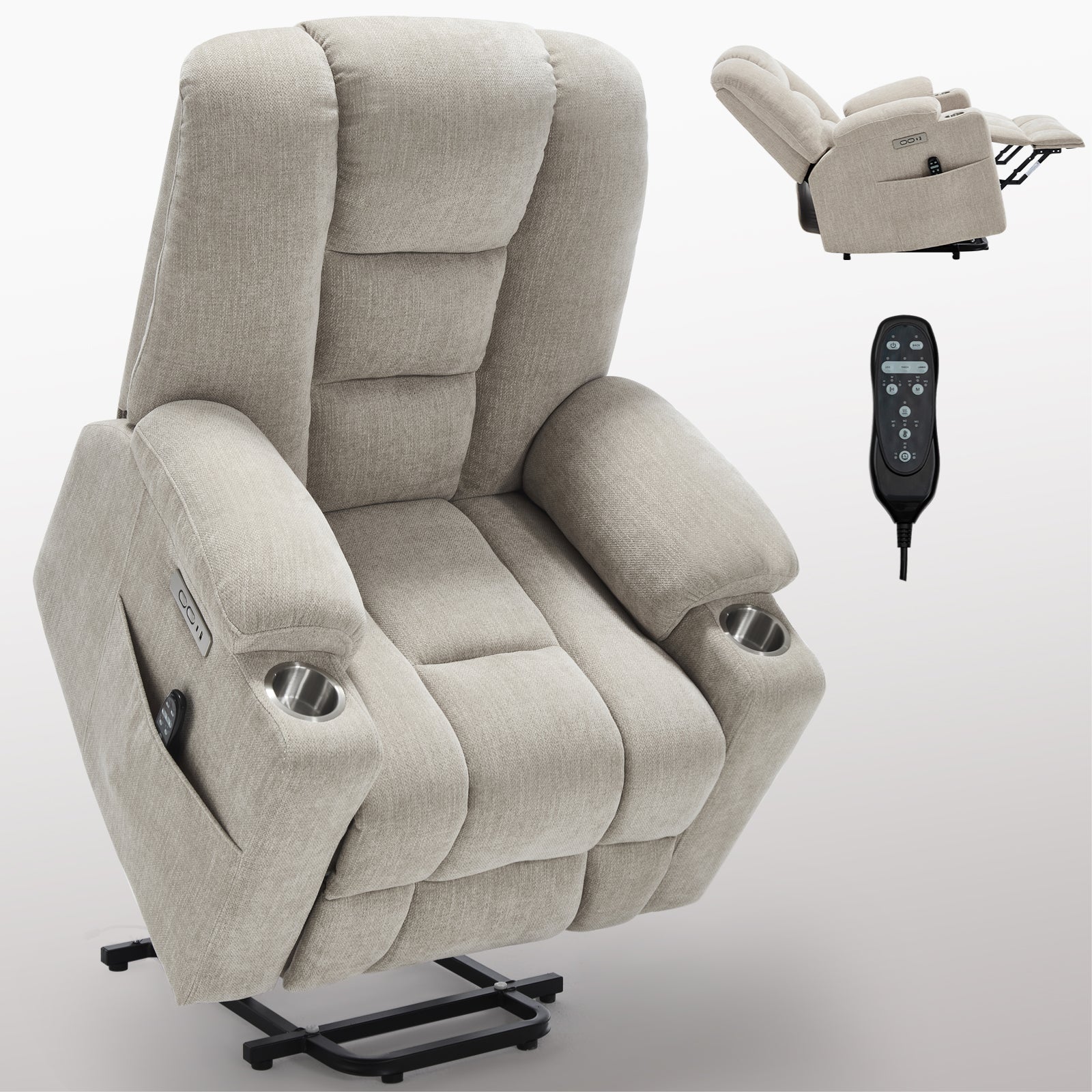 Power Lift Recliner Chair with Massage and Heat for Elderly, Overstuffed Wide Recliners, Heavy Duty Motion Mechanism with USB and Type C Ports, 2 Steel Cup Holders, Beige