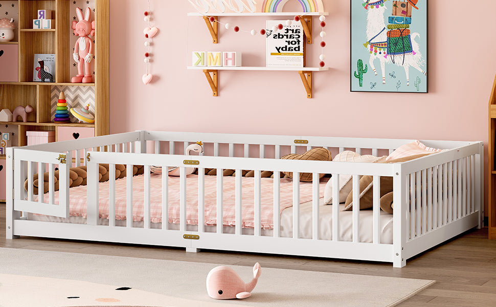 Queen Size Bed Floor Bed with Safety Guardrails and Door for Kids, White(Old SKU:  W1580P154628 )