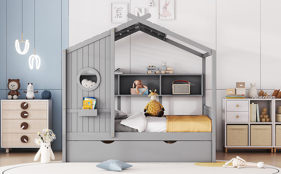 Wooden Full Size House Bed With Trundle, Modern Design for Kids with Storage Shlef, Gray(old SKU HL000095AAE)