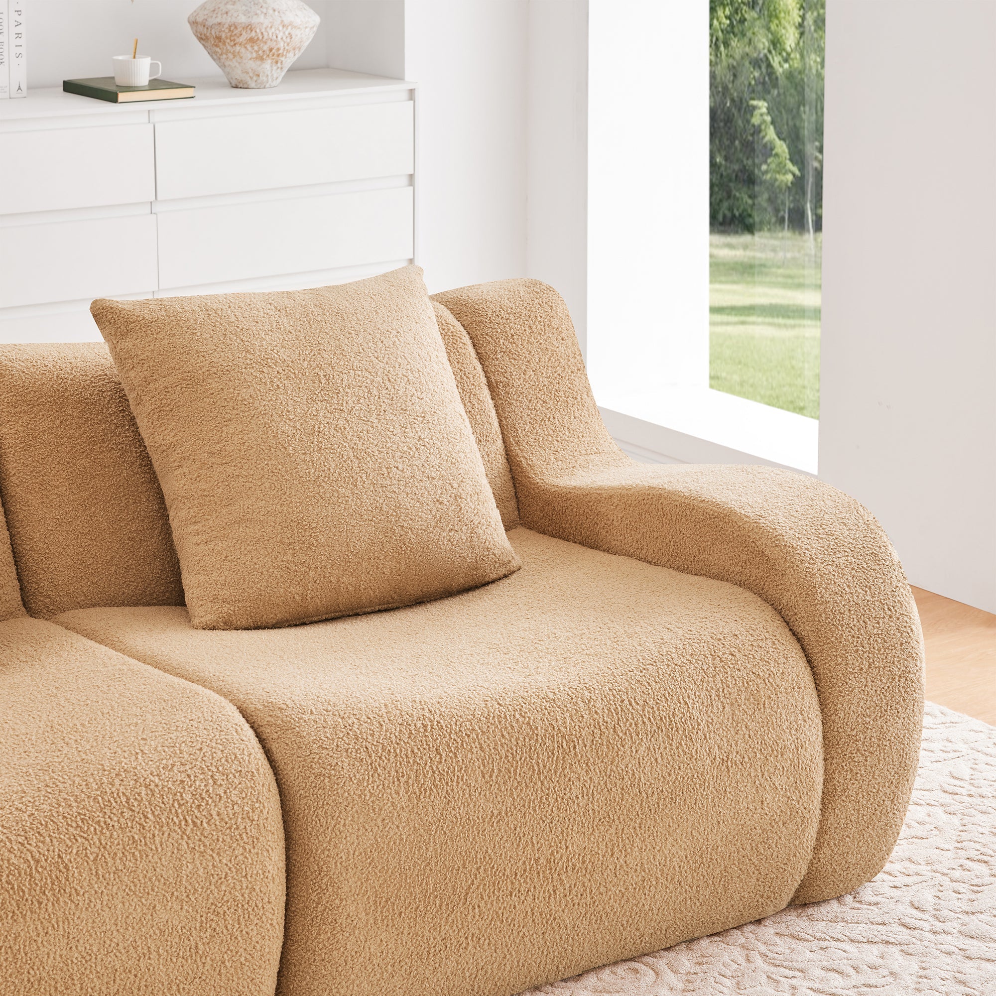 U-Shaped Boneless Sofa,Teddy Fabric No assembly required   Curved armrest,Anti-slip Design,Streamlined Design 32D High Density Sponge,Full Compression Vacuum Packag,For Studies living Rooms,Camel