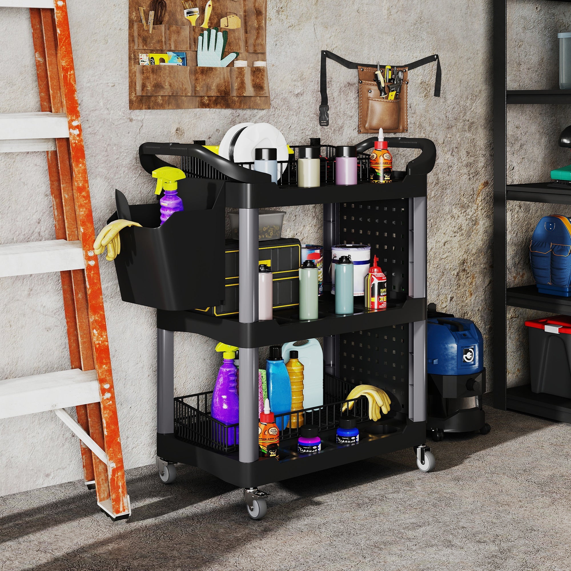 3-Tier Rolling Tool Cart,Capacity Plastic Utility Cart with Side Shelf and Bucket