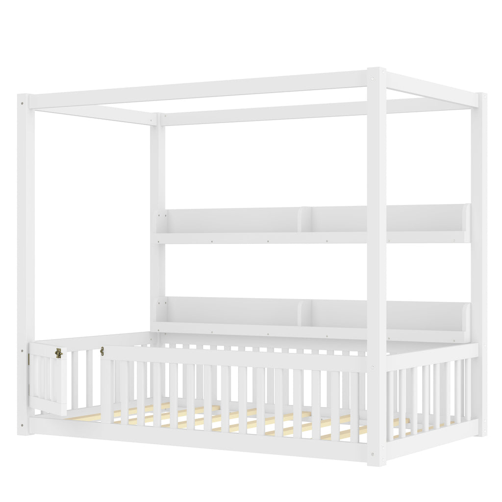 Twin Size Canopy Bed with Guardrails, Solid Wood Floor Bed with Shelves, Montessori Floor Bed Frame for Kids, Boys, Girls, No Spring Box Needed, White