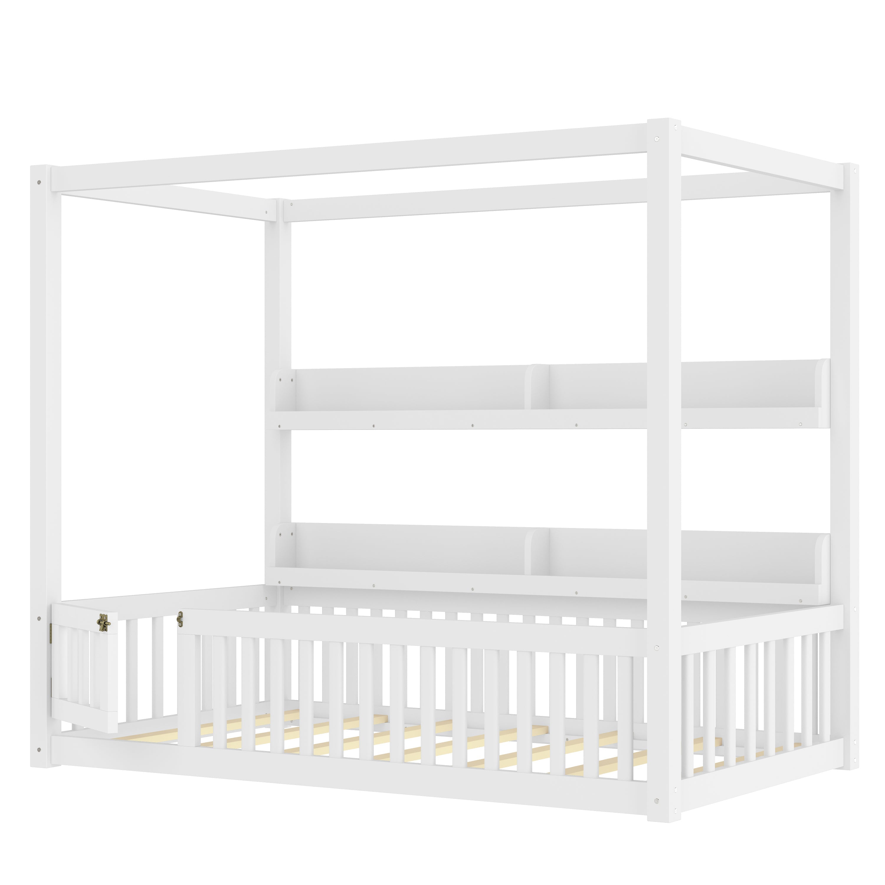 Twin Size Canopy Bed with Guardrails, Solid Wood Floor Bed with Shelves, Montessori Floor Bed Frame for Kids, Boys, Girls, No Spring Box Needed, White